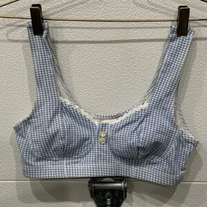 Blue Gingham Lace-Trim Crop Bralette